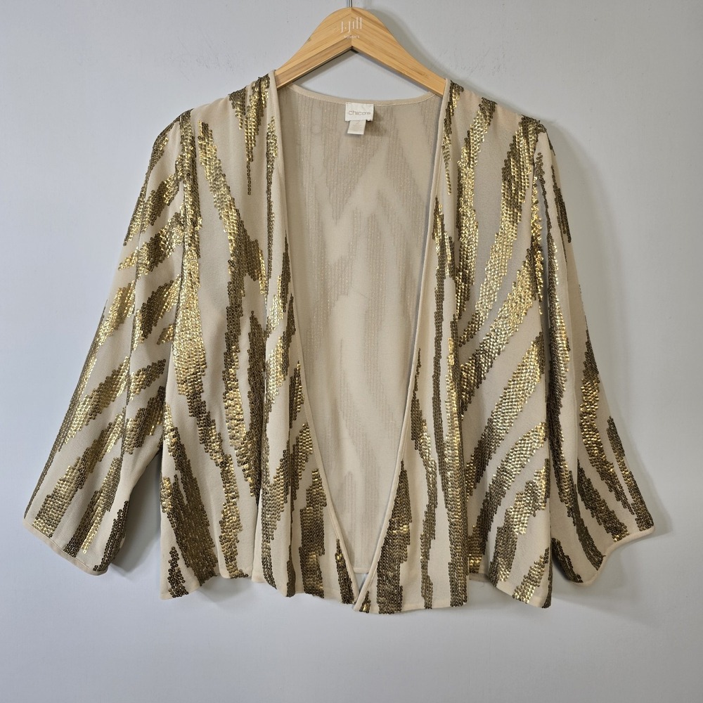 Chicos Gold Sequins Animal Pattern Topper Kimono Jacket Size 2 L Open Front